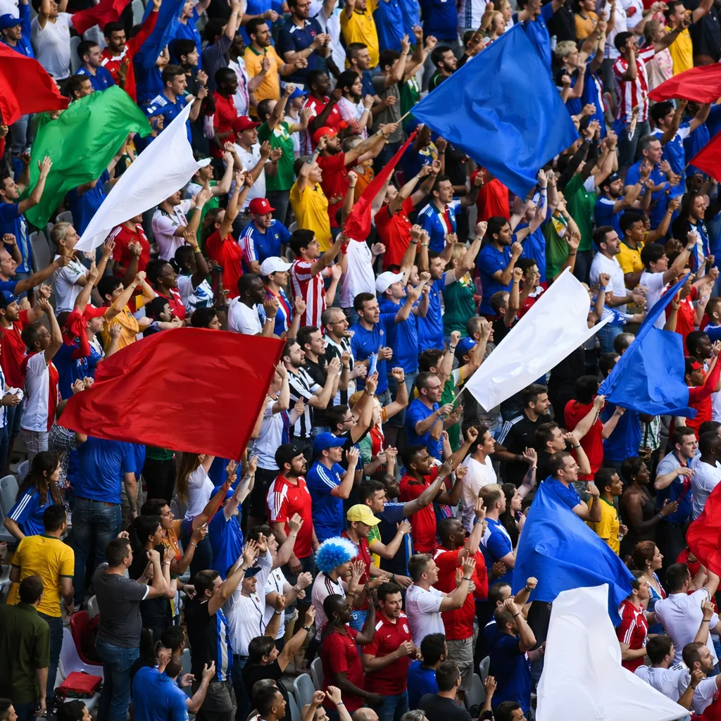 High angle shot of diverse football fans cheering in a stadium stand, wearing co