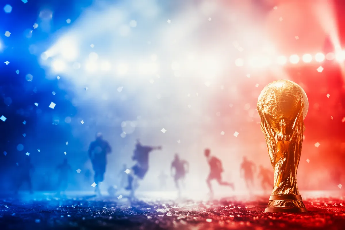 Stylized sports background with blue white red gradient colors, blurred football player si