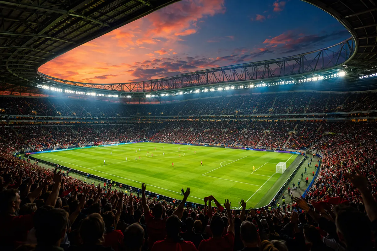 Wide shot of a modern world cup football stadium at dusk, packed with cheering fans, green