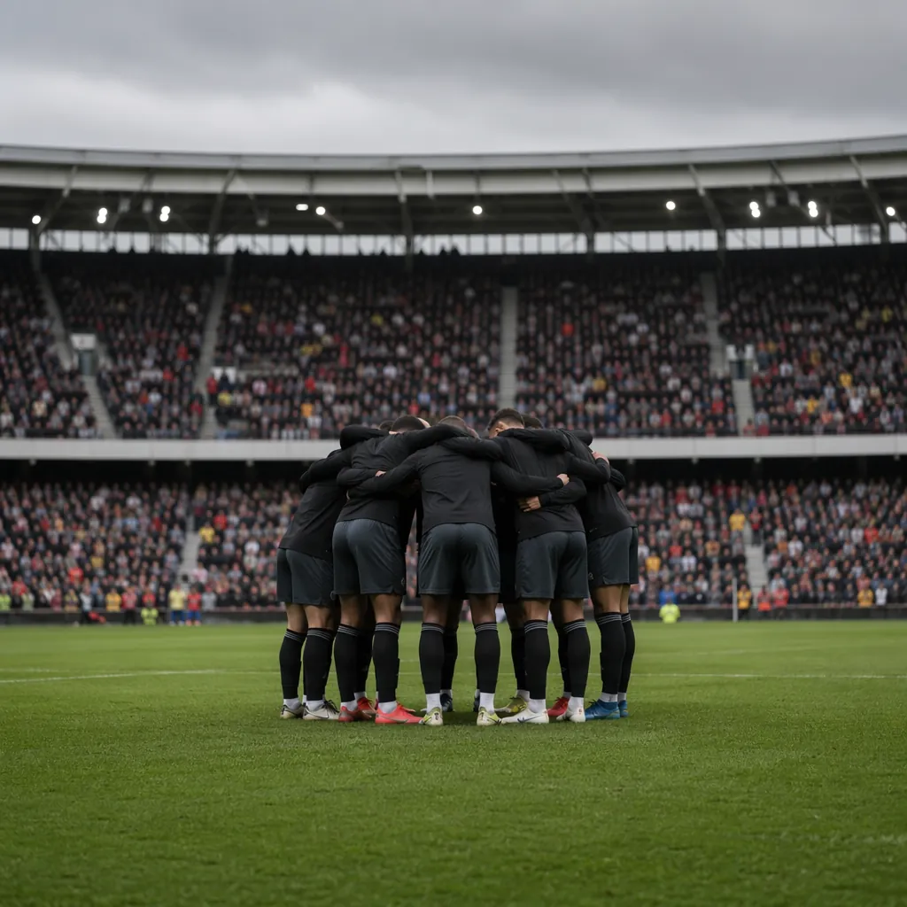 Wide shot of a professional football team huddling on the pitch during a warm up