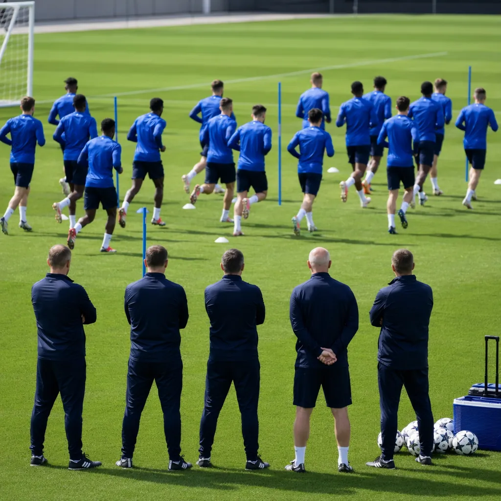 Wide shot of a professional football team in blue training kits running drills o
