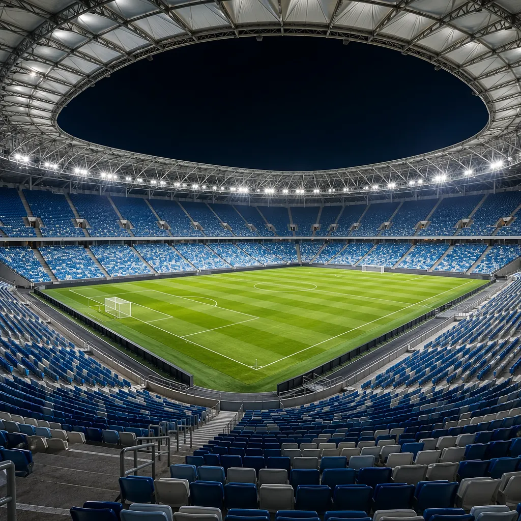 Wide angle interior shot of a modern World Cup football stadium, empty spectator