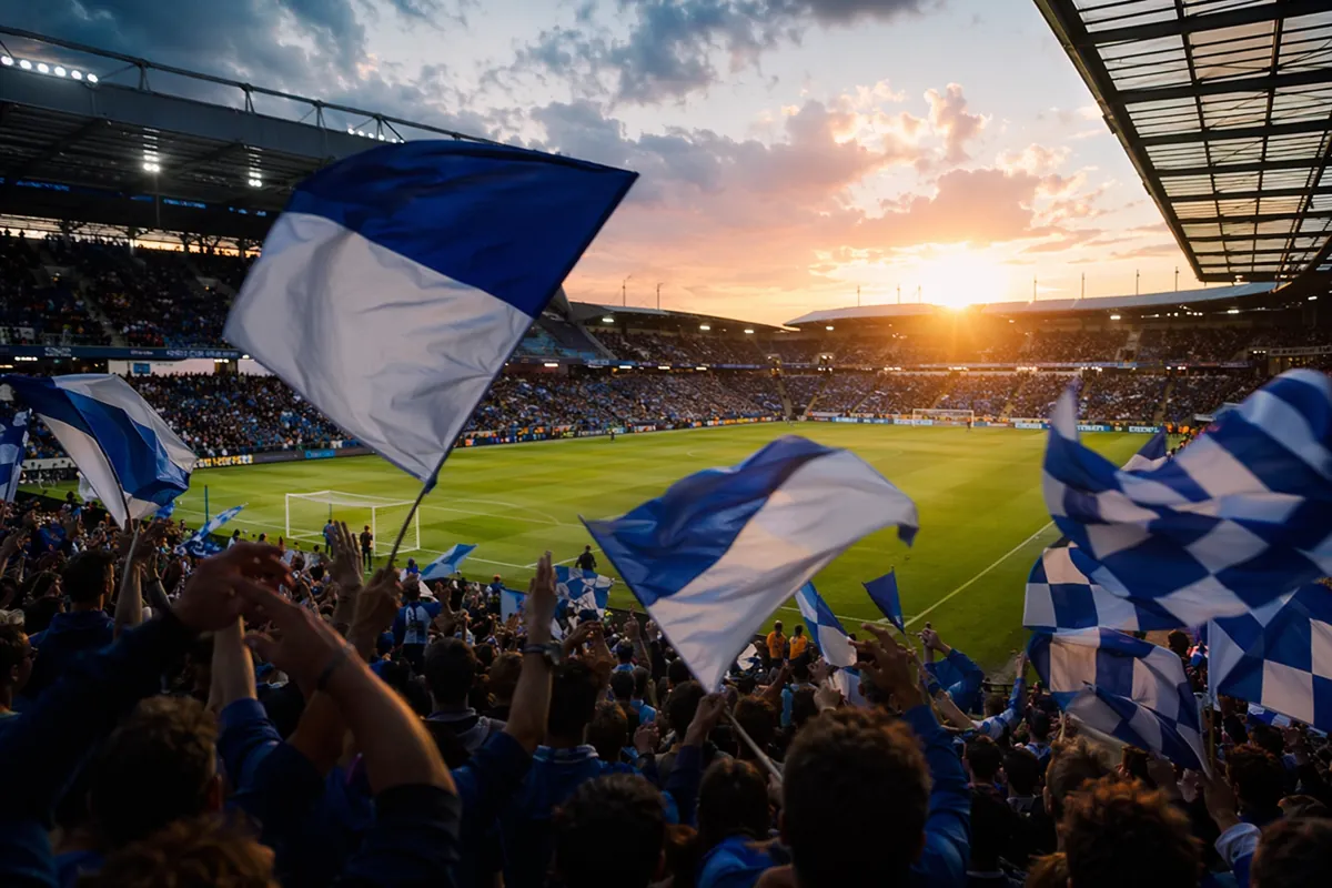 A wide shot of a professional football stadium at dusk, with blue and white team flags wav