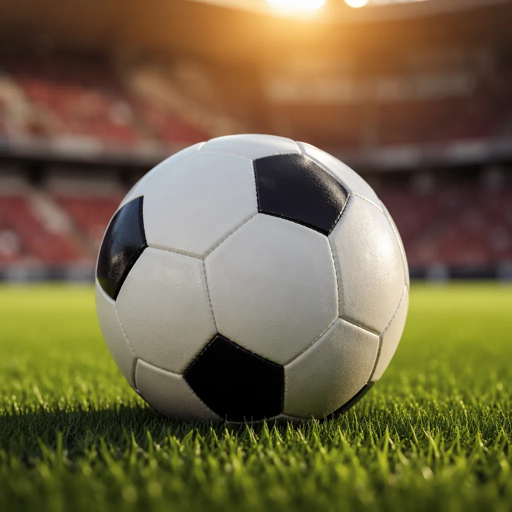 Close up shot of a football on a well-maintained green grass pitch, with blurred
