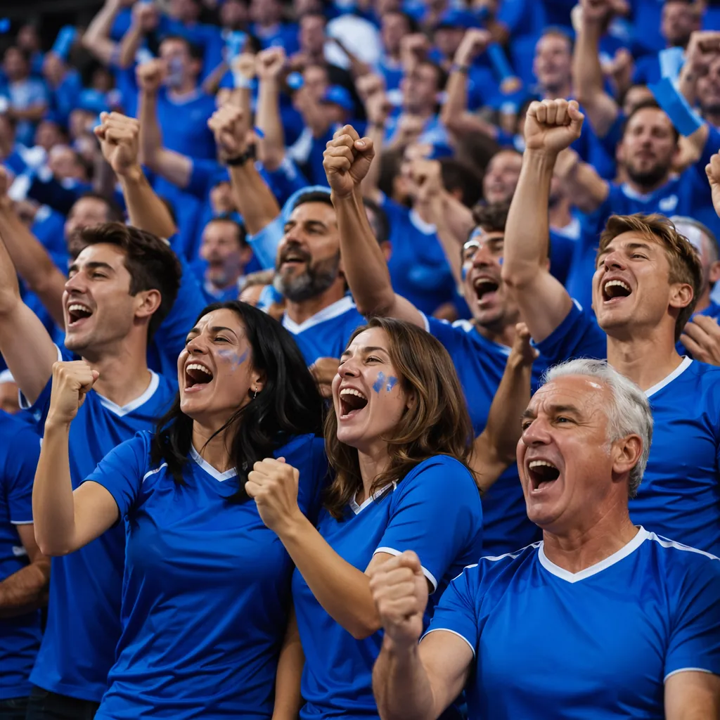 Wide shot of football fans wearing generic blue jerseys cheering in the stands,