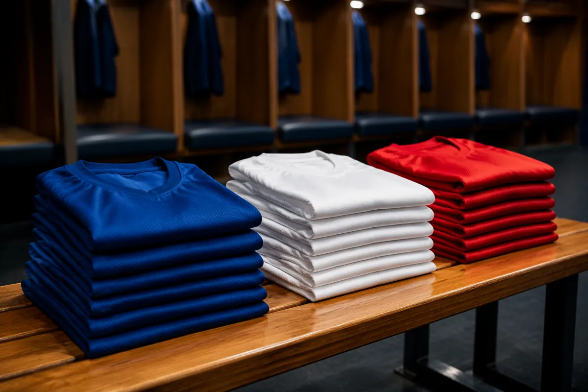 Neatly stacked piles of plain football jerseys in blue, white and red colors placed on a w