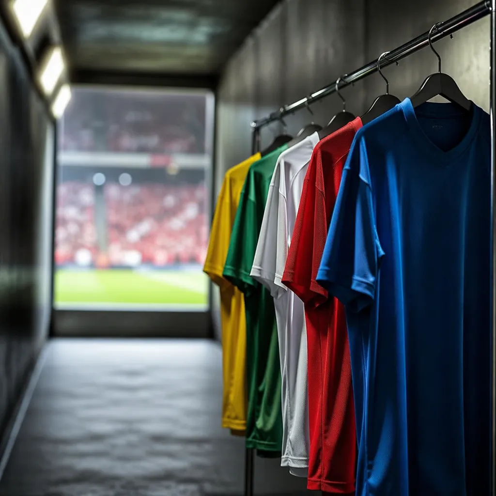 Plain football jerseys hanging on a metal rack inside a stadium tunnel, blurred
