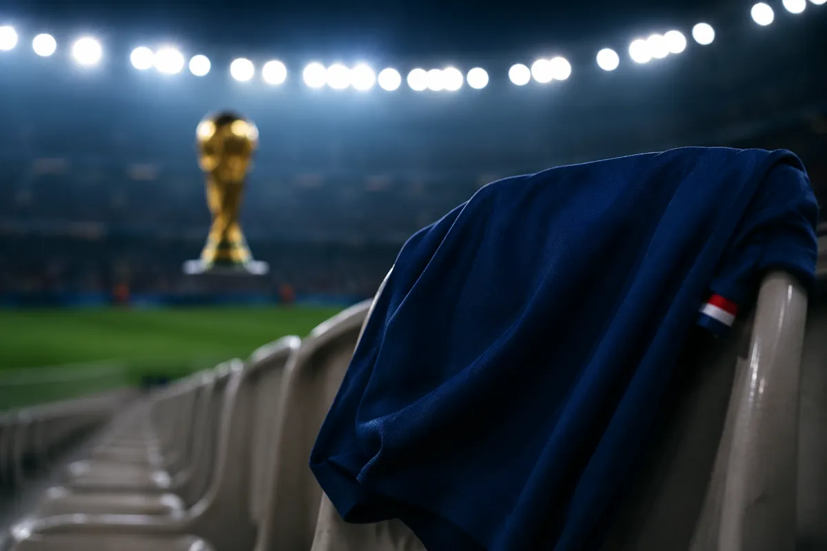 Photojournalistic shot of a dark blue French football jersey draped over an empty stadium