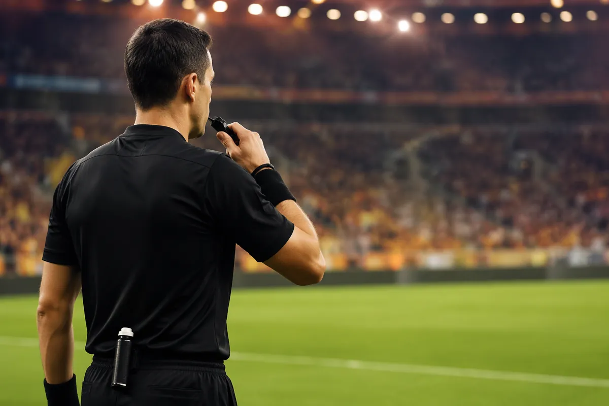 Editorial news header photo, football referee holding a whistle on a green pitch, blurred