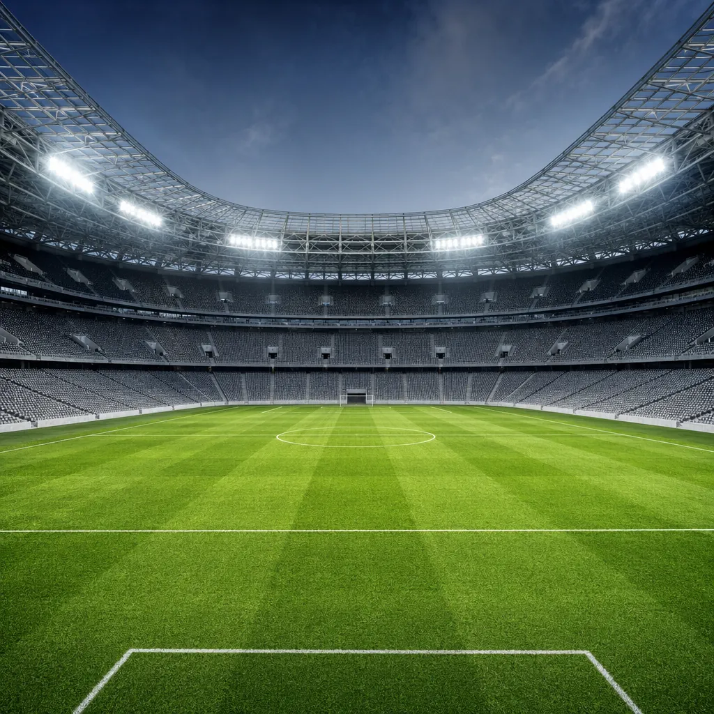 Wide shot of empty world cup football stadium interior, bright floodlights, gree