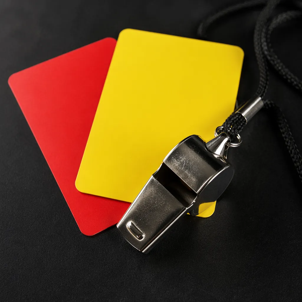 Close up of football referee equipment including whistle, red and yellow cards o