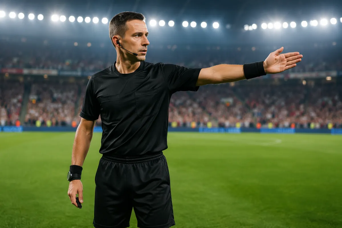 Professional football referee standing on a well-maintained green soccer pitch, bright sta