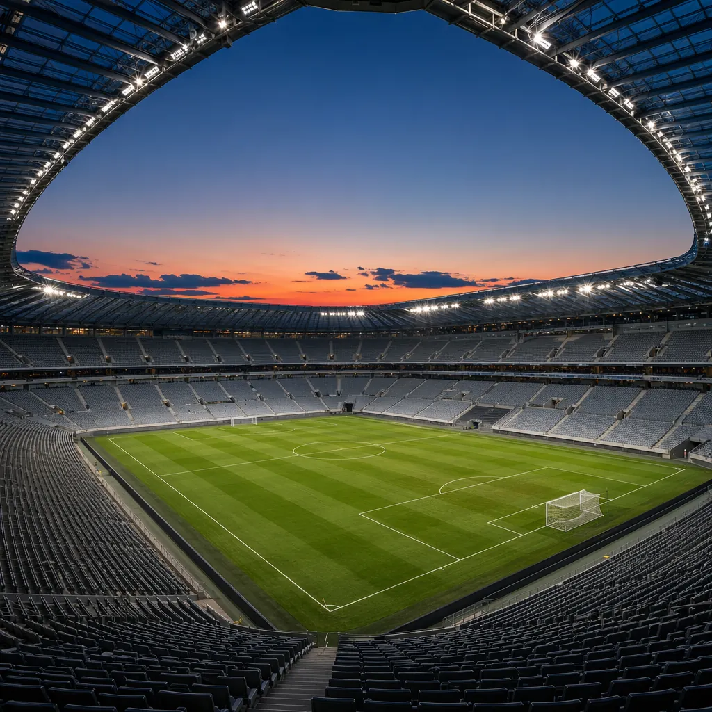 Wide shot of a modern, large-capacity football stadium at dusk, empty seats and