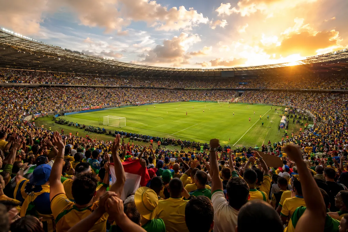 Wide shot of a packed football stadium during World Cup match, golden hour lighting, fans