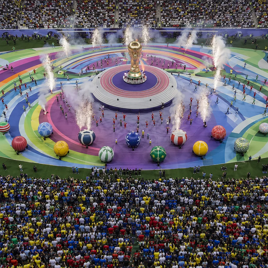 High angle shot of a World Cup opening ceremony stage, colorful decorations, cro