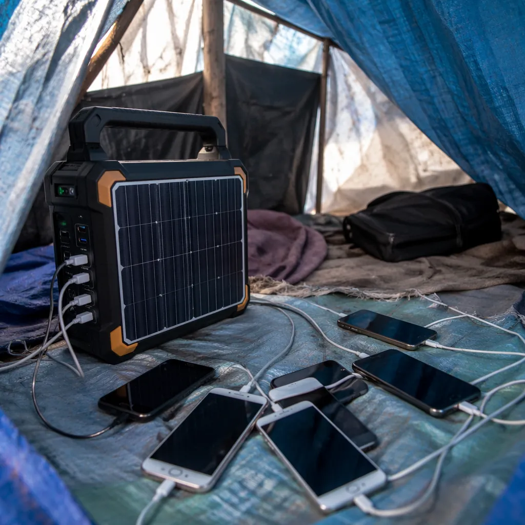 A solar power bank charging station in a makeshift tent, with several mobile pho