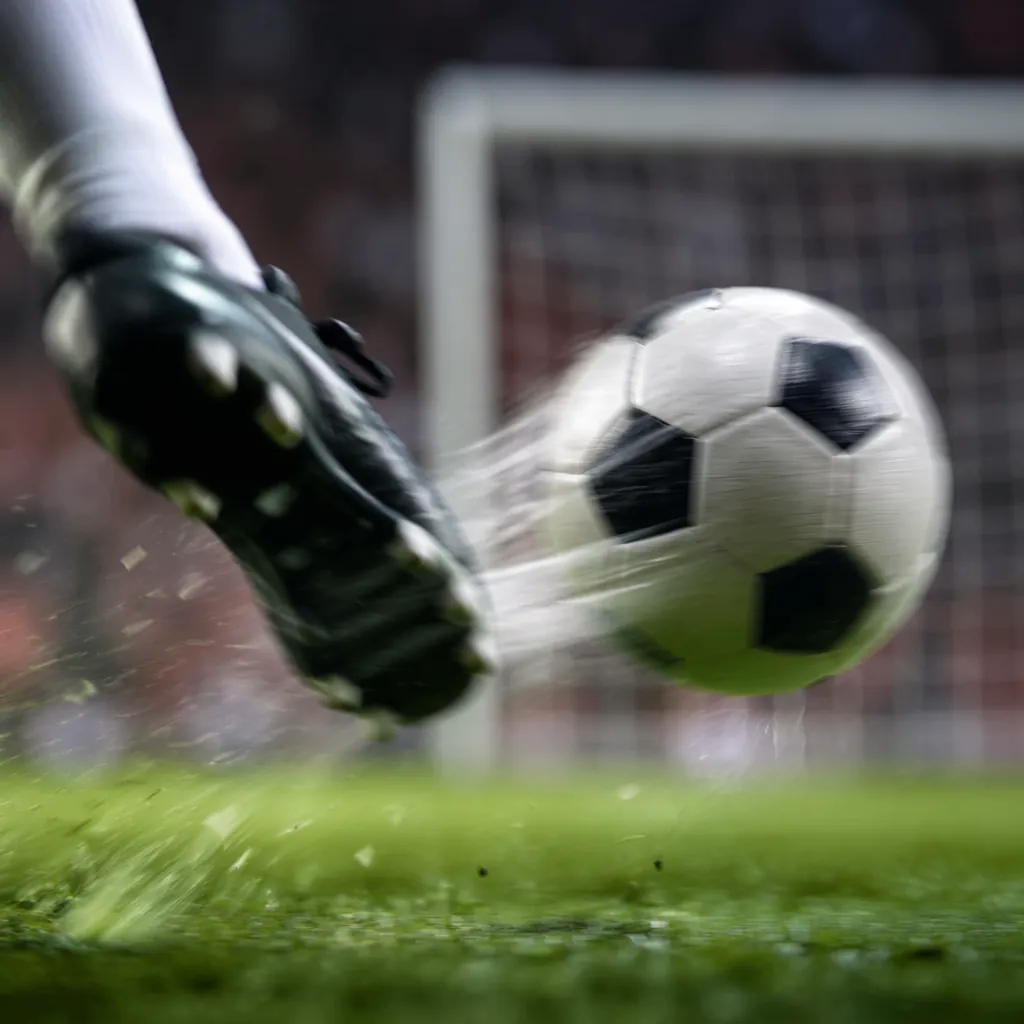 Close up shot of a football being kicked towards the goal net, blurred backgroun