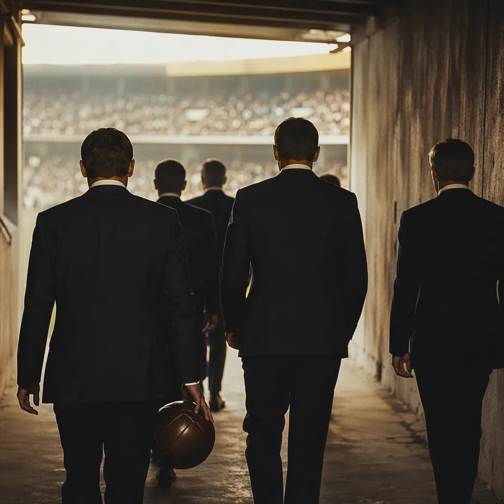 Retro style shot of unidentifiable football players in formal dark suits walking