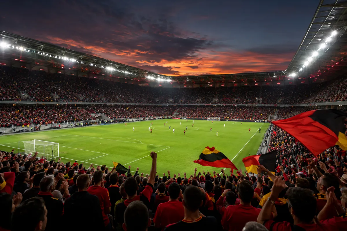 Wide shot of a professional soccer stadium at dusk, fans wearing black, red and gold jerse