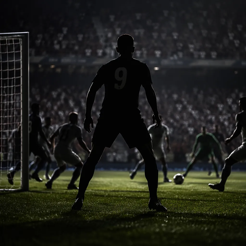 Silhouette of a traditional number 9 center forward positioning in the penalty a