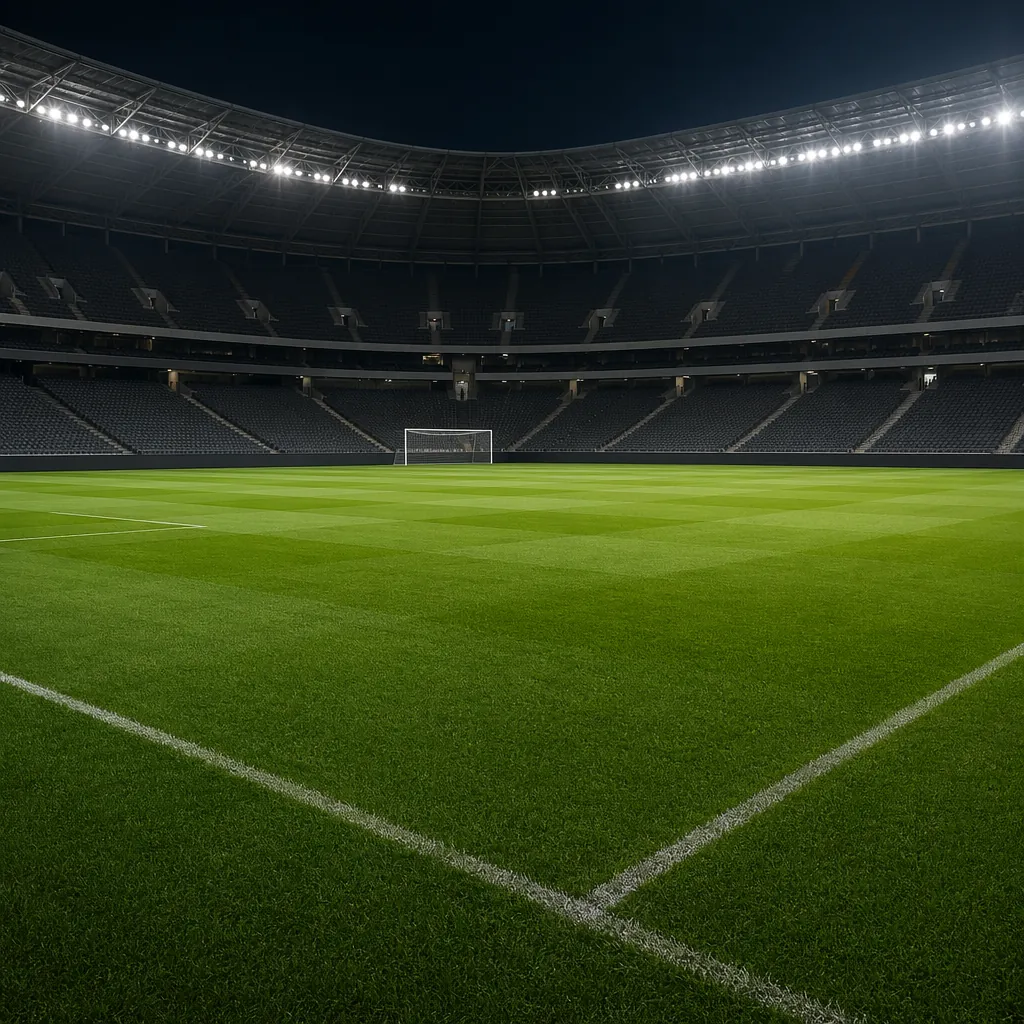 Empty football pitch with green grass and stadium stands in the background, soft