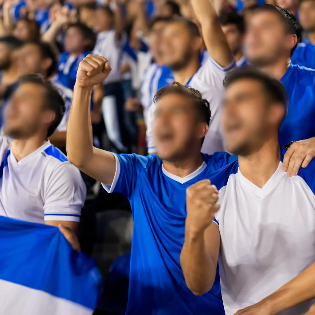 Group of football supporters wearing team jerseys cheering in the stands, blurre