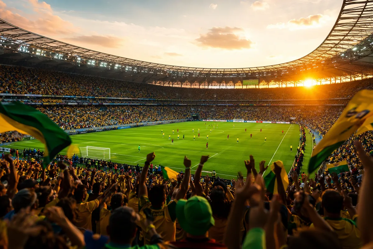 Wide shot of a professional soccer stadium during golden hour, green grass pitch with blur