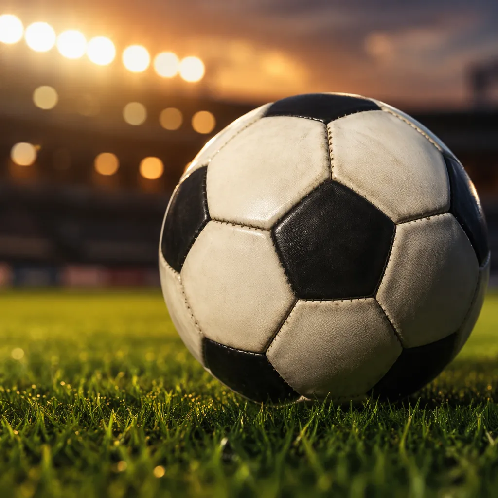 Close up shot of a classic soccer ball resting on green grass, blurred stadium f