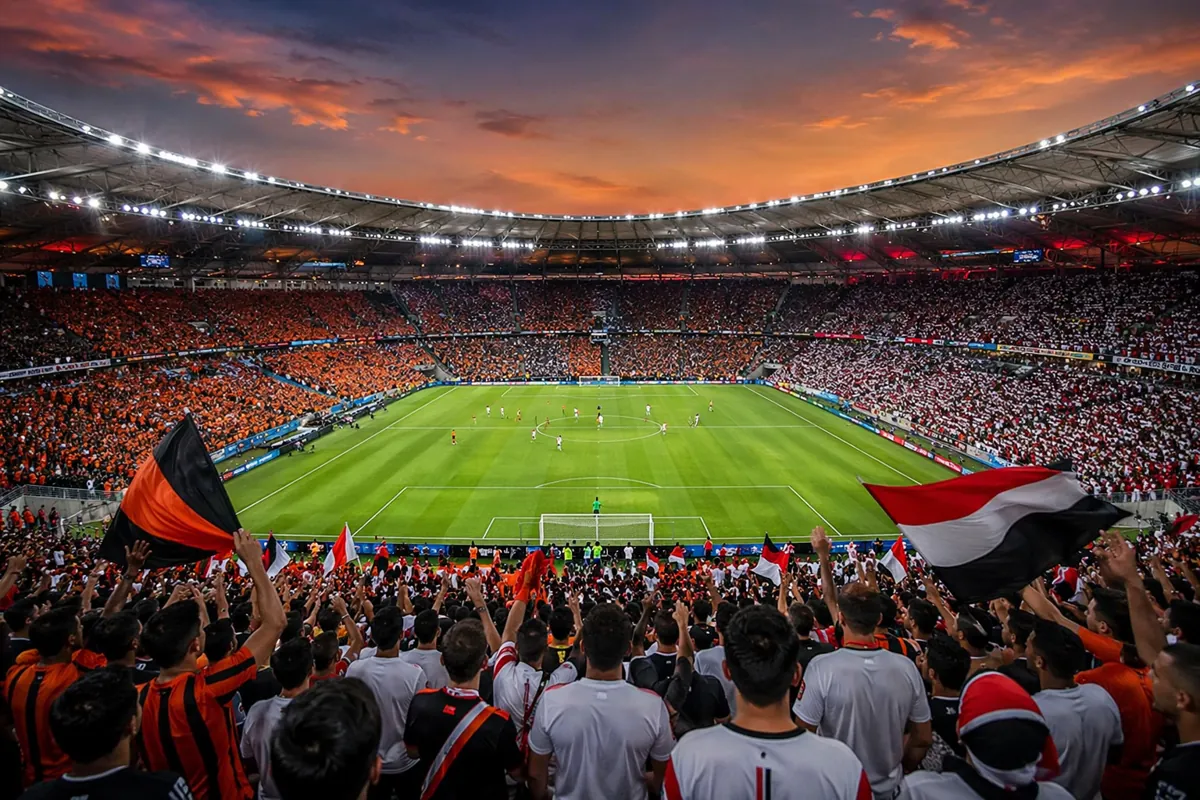 Wide shot of a vibrant World Cup football stadium at dusk, packed with cheering fans weari