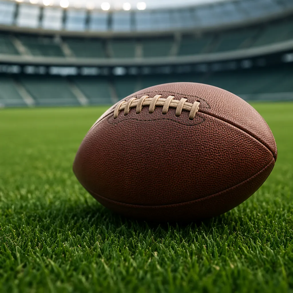Close up shot of a generic leather football placed on the well-manicured green p