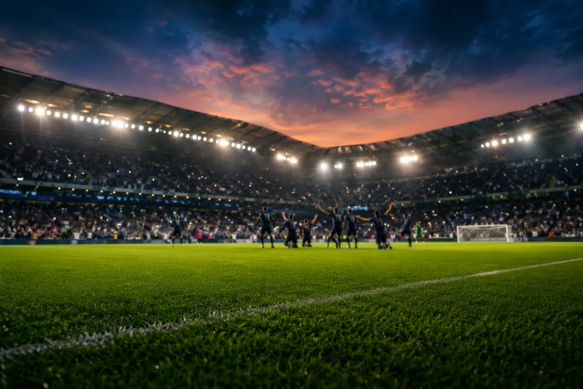 Wide shot of a professional soccer stadium at dusk, bright stadium lights illuminating gre
