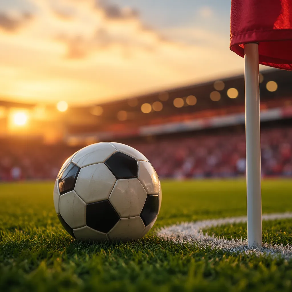 Close up shot of a soccer ball on green grass near the corner flag, soft evening