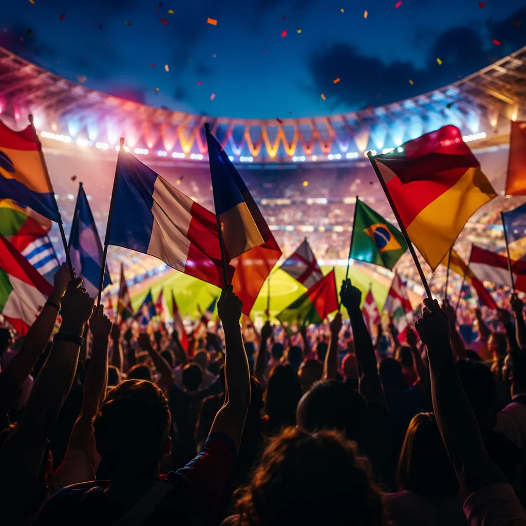 Silhouette of fans waving national flags in a stadium, vibrant colorful lighting