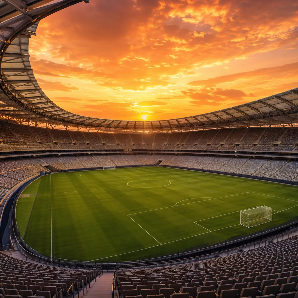 Wide shot of a modern World Cup football stadium at golden hour, empty well-main