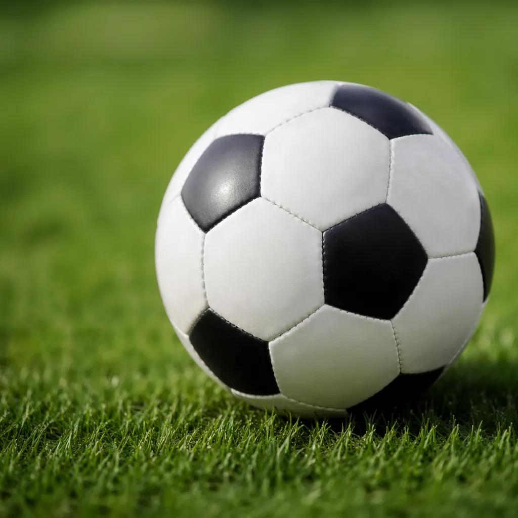 Close up shot of a classic white and black football resting on green grass pitch