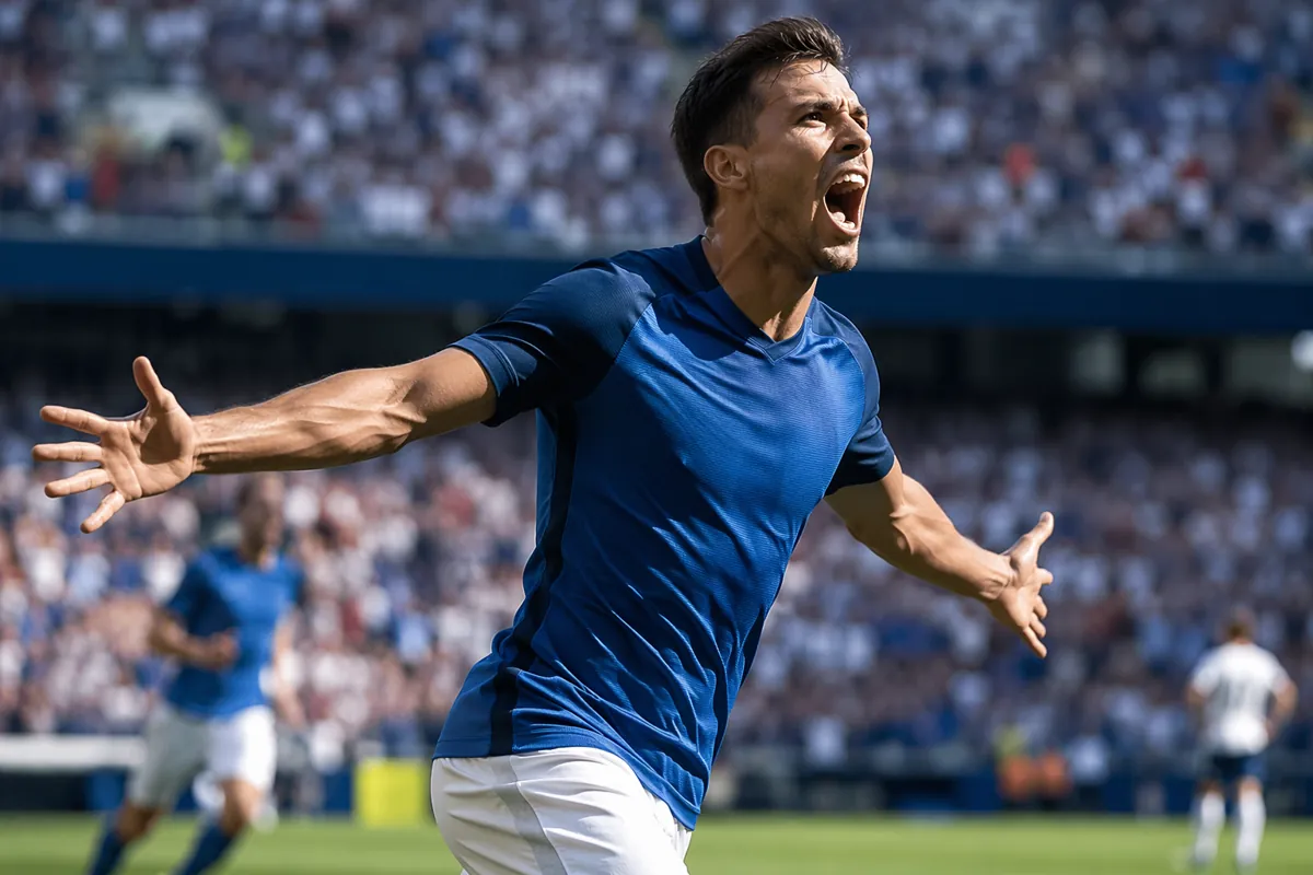 Dynamic action shot of a generic male football striker in a blue national team jersey cele