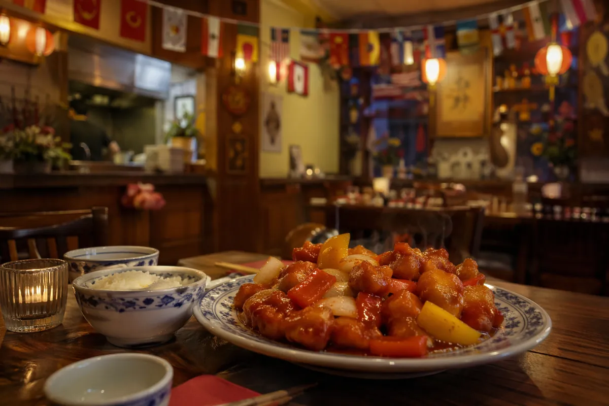 A cozy family-run Chinese restaurant in Norway decorated with World Cup themed bunting, a