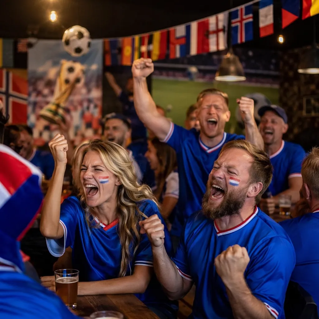 Norwegian football fans wearing national team blue jerseys cheering in a casual