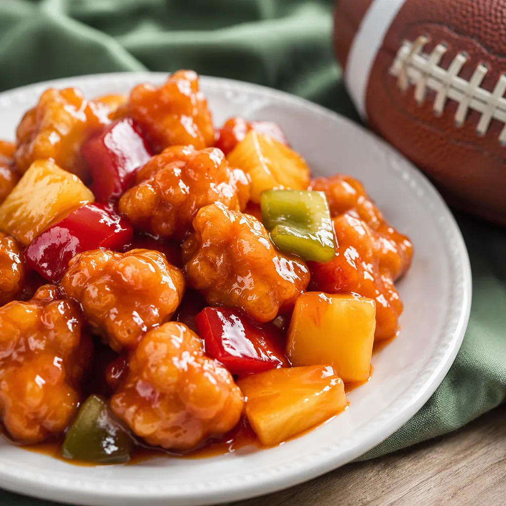 Close-up shot of a plate of glazed sweet and sour chicken served on a white cera
