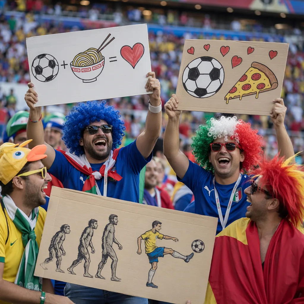 Group of football fans laughing and holding up funny handmade signs in a World C