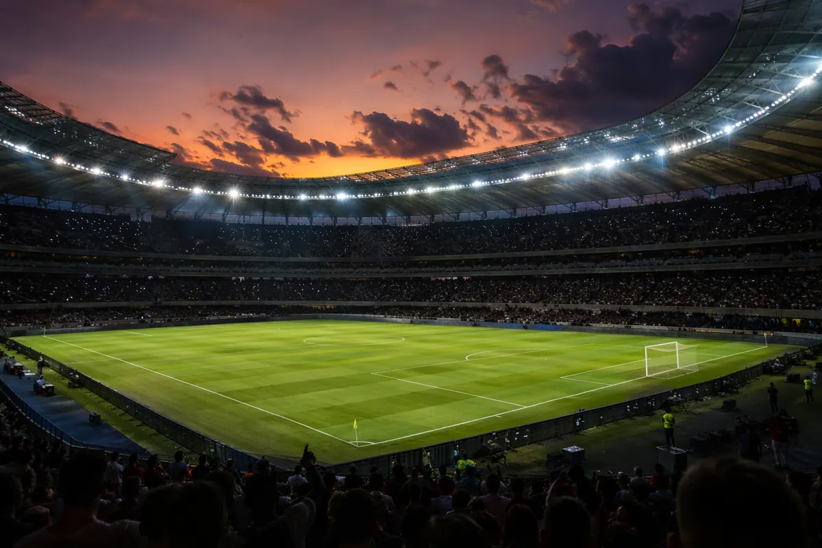 Wide shot of a modern professional football stadium at dusk, empty green pitch, bright sta