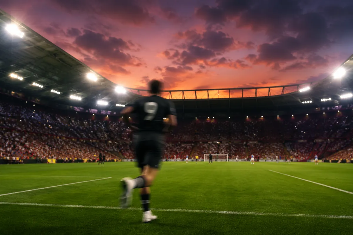Professional football stadium at dusk, bright floodlights illuminating the pitch, blurred