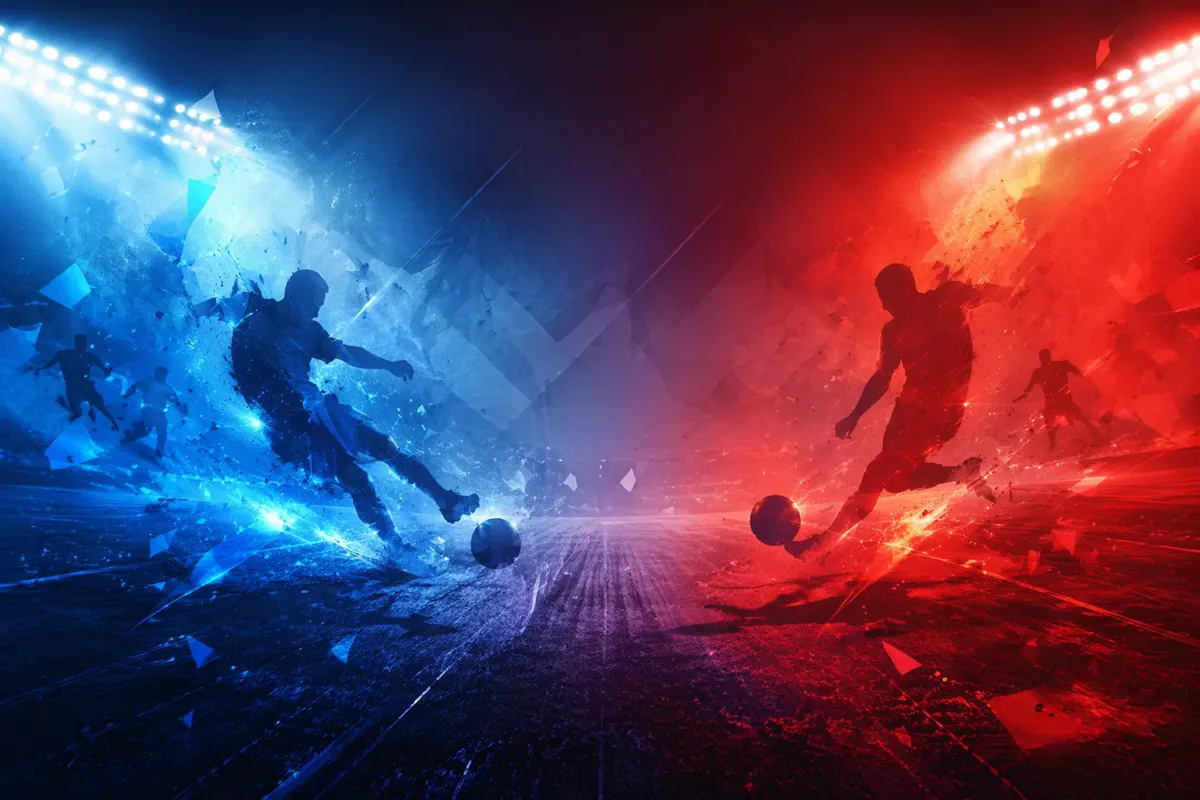 Dynamic sports news header background with blue and red gradient colors, abstract football