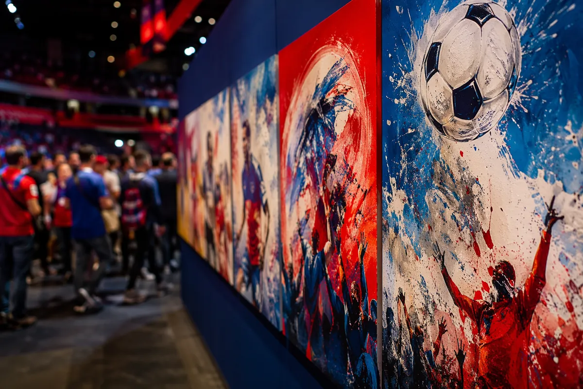 Vibrant World Cup fan art exhibition wall with colorful creative football designs, blue an
