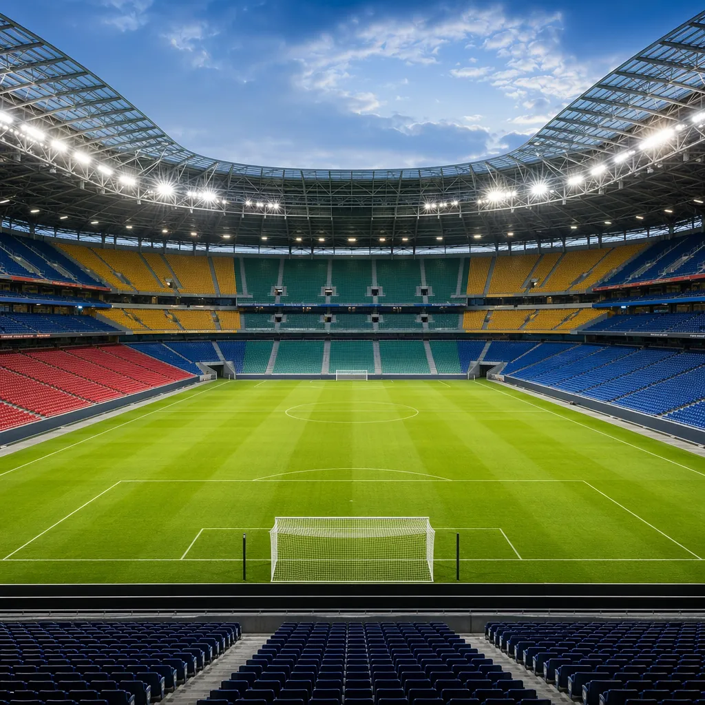 Wide shot of a modern football stadium interior before a match, empty seats in m