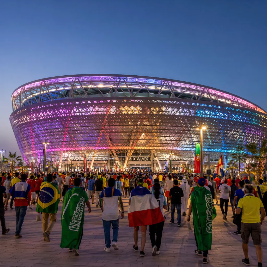 Wide shot of modern World Cup stadium exterior at dusk, colorful neon lights, fa