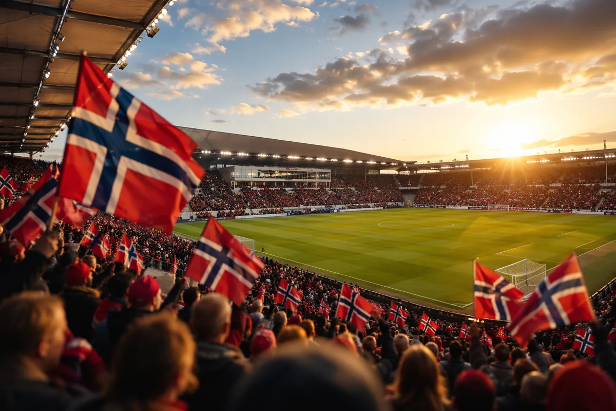Wide shot of a modern football stadium at golden hour, with Norway national team flags wav