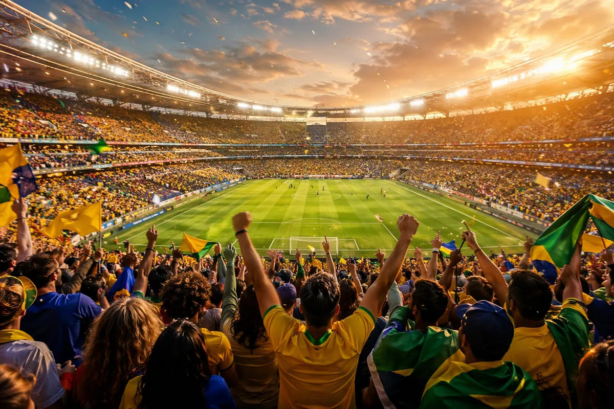 Vibrant World Cup football match atmosphere, wide shot of a packed stadium with cheering d