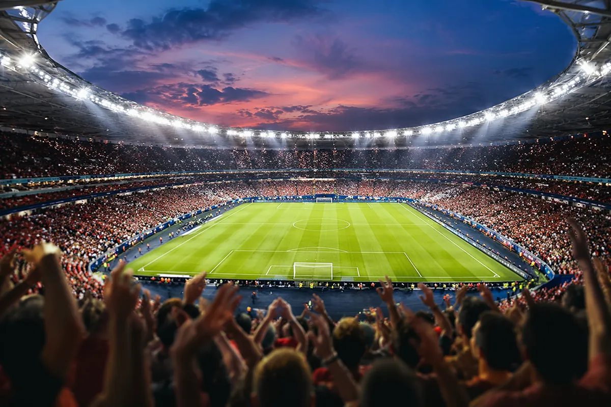 Wide shot of a professional soccer stadium during twilight, bright floodlights illuminatin