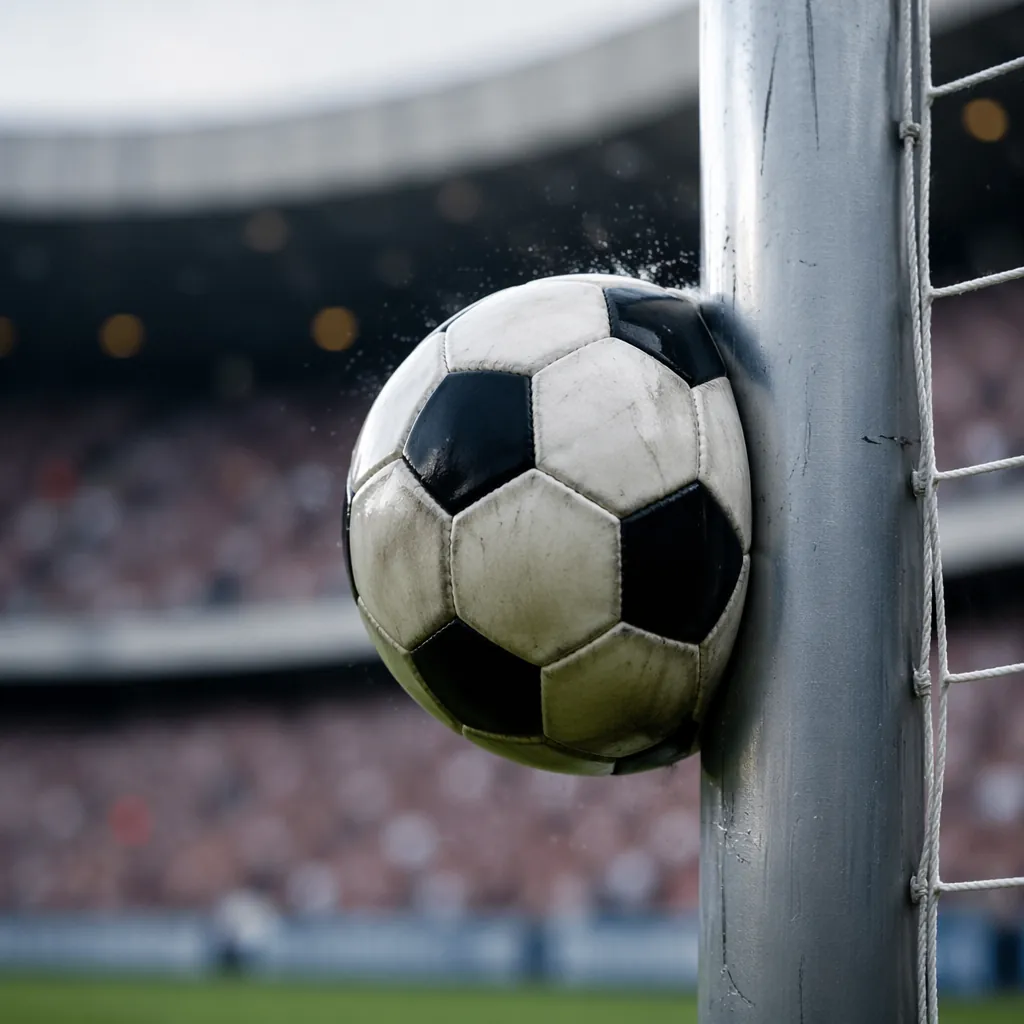 Close-up shot of a soccer ball hitting the metal goal post, blurred stadium stan
